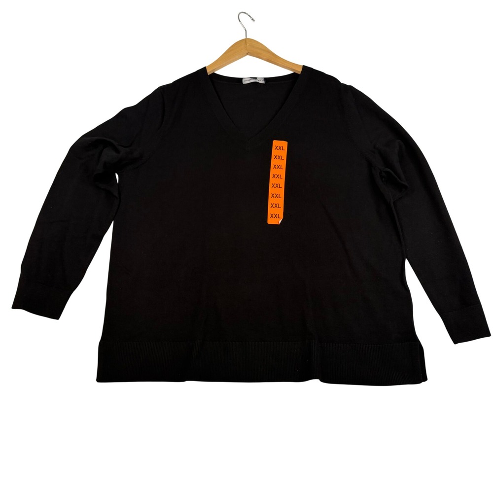 Katherine Barclay Black V-Neck Fine Knit Pullover Sweater XXL New